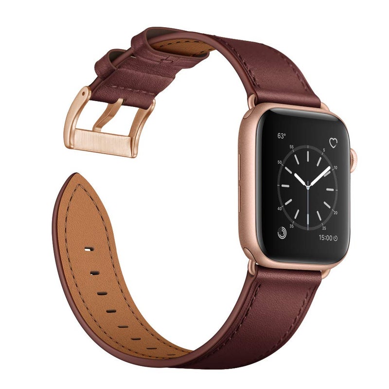 OUHENG Leather Bands Compatible with Apple Watch Band 49mm/46mm/45mm/44mm/42mm, Genuine Leather Strap for iWatch Series 11/10/9/8/7/6/5/4/3/2/1 & Ultra 3/2/1 & SE3 SE2 SE, Wine Red/Rose Gold - Image 3